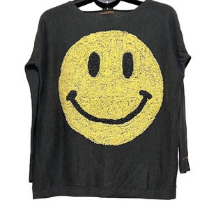 Crocheted Smiling Happy Face Women's Gray Oversized Pullover Sweater - Small